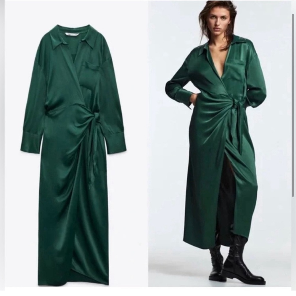 Zara green  satin wrap dress. Worn once. Like new. Excellent condition